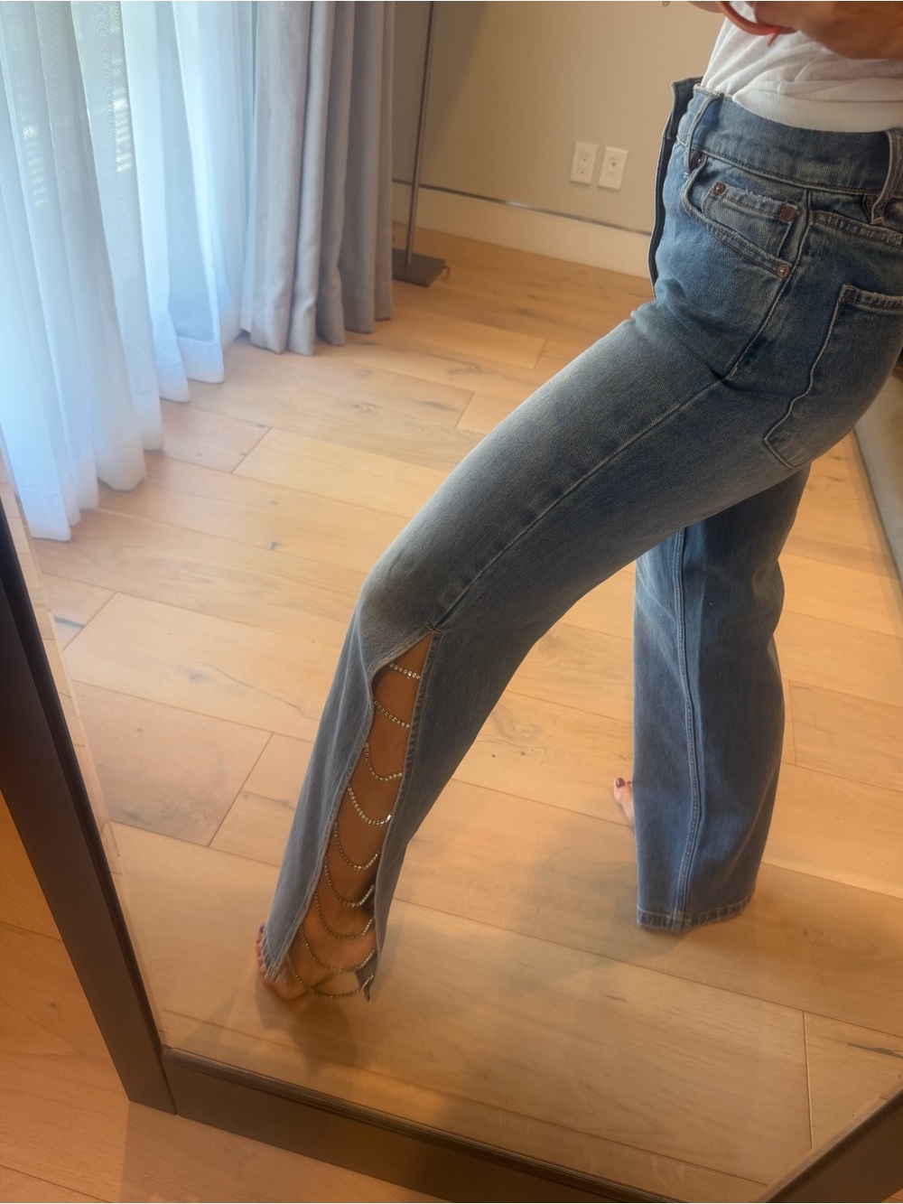 Alice + Olivia Light Blue High-Rise Flare Jeans with Side Chain Slits
